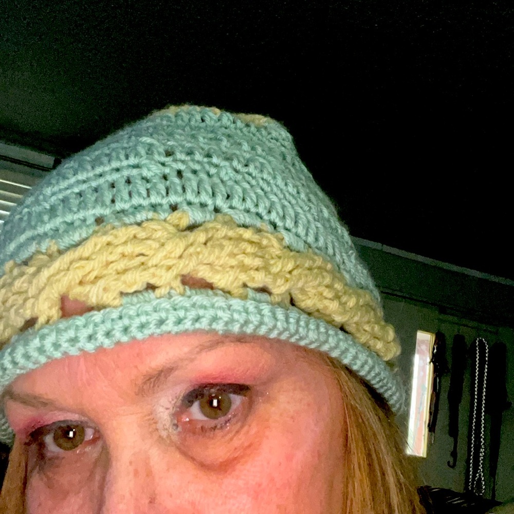 Handcrafted handmade crocheted hat beanie OS light blue & cream nice look 👀